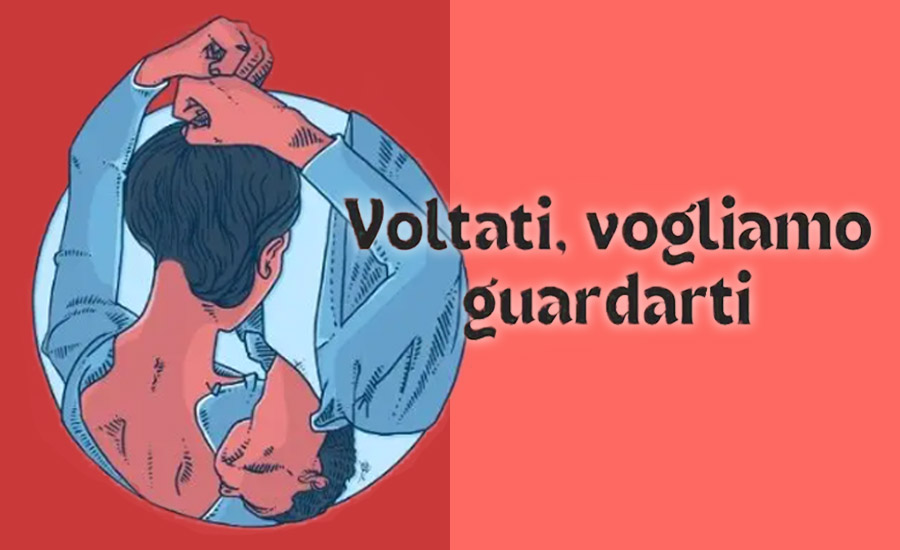 Una donna allo specchio disegnata di spalle. Accanto, il titolo del webinar: "Voltati, vogliamo guardarti".