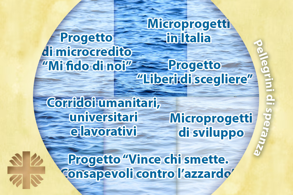 Il mare. In sovrimpressione, i nomi dei progetti/proposte di Caritas Italiana per questo anno giubilare.