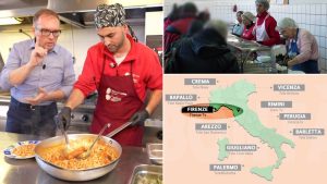 Tre immagini: il giornalista e il cuoco in cucina, operatori e volontari servono a mensa, la cartina d'Italia con le tappe del viaggio tv